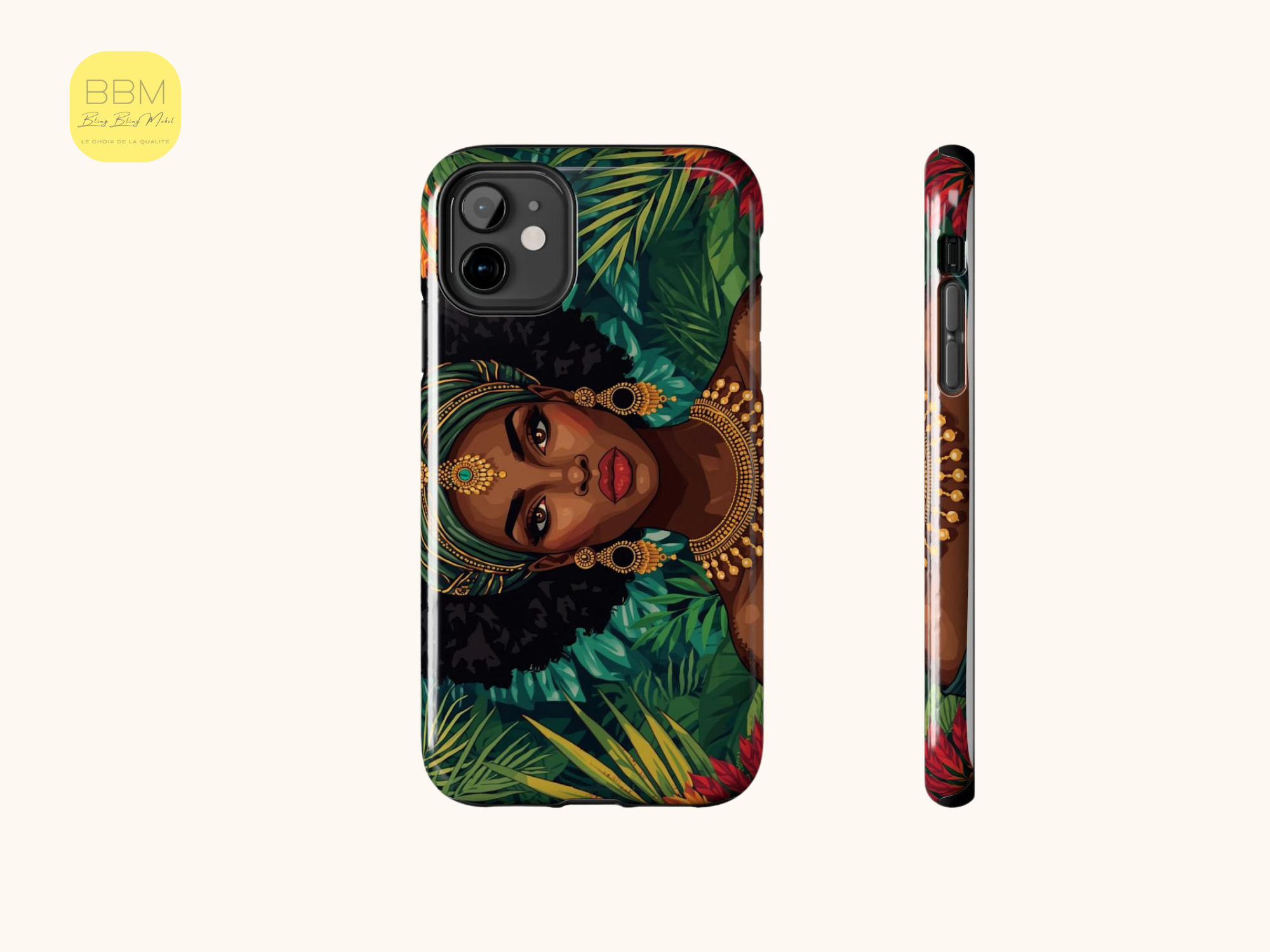 Coque de téléphone imprimée motif personnage femme noire - Coque Samsung iPhone - Coque de protection tropicale - Cadeau pour les amoureux des Caraïbes