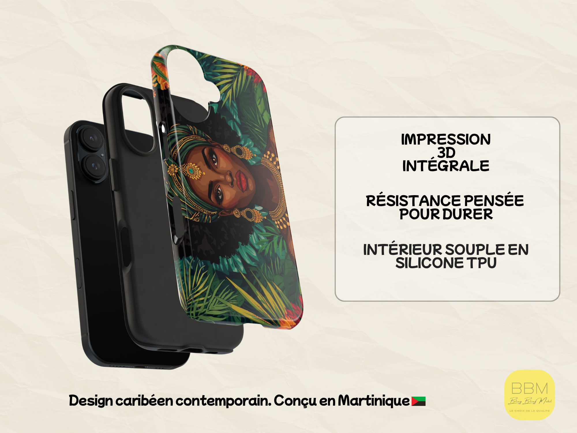 Coque de téléphone imprimée motif personnage femme noire - Coque Samsung iPhone - Coque de protection tropicale - Cadeau pour les amoureux des Caraïbes