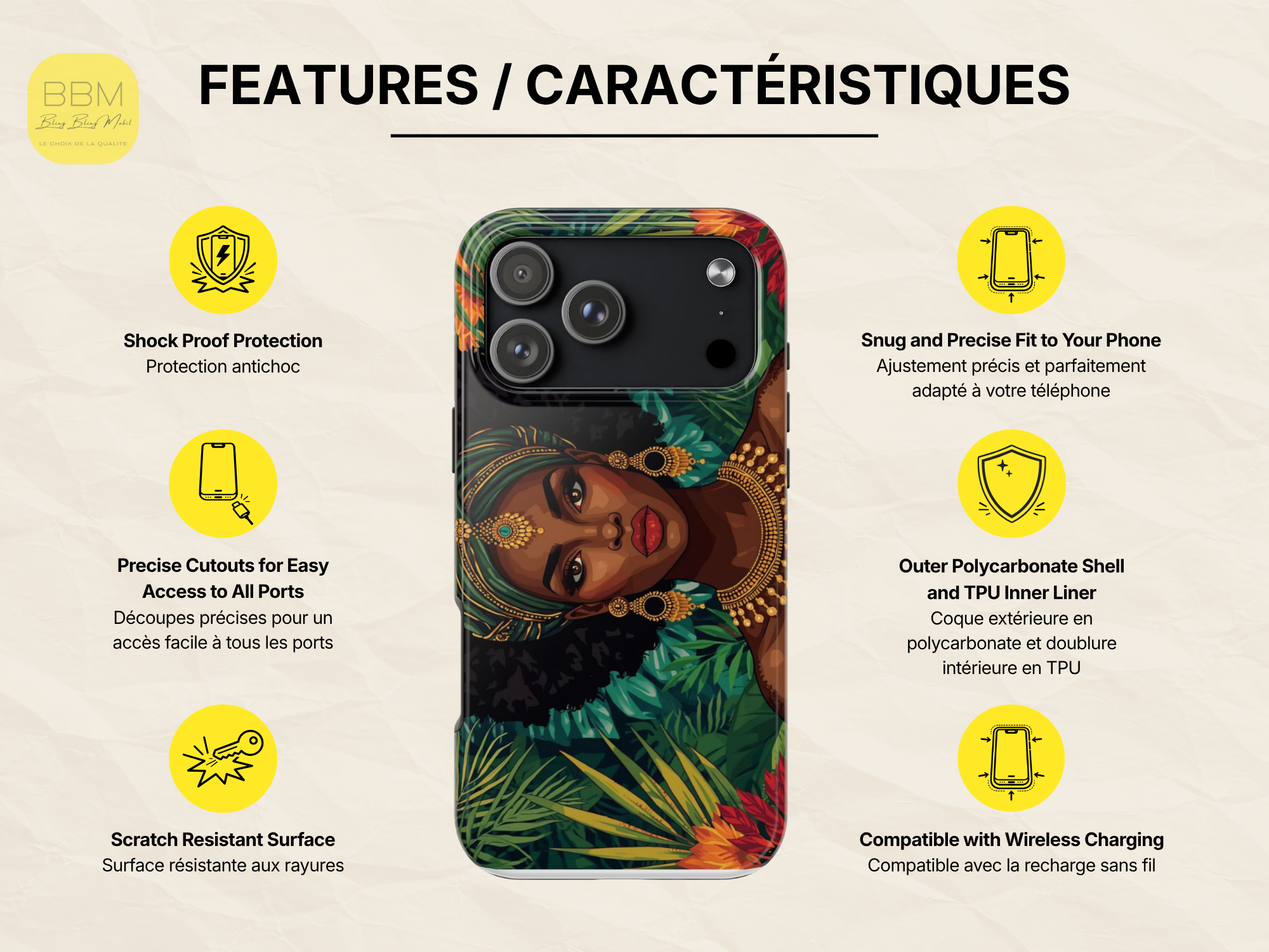 Coque de téléphone imprimée motif personnage femme noire - Coque Samsung iPhone - Coque de protection tropicale - Cadeau pour les amoureux des Caraïbes