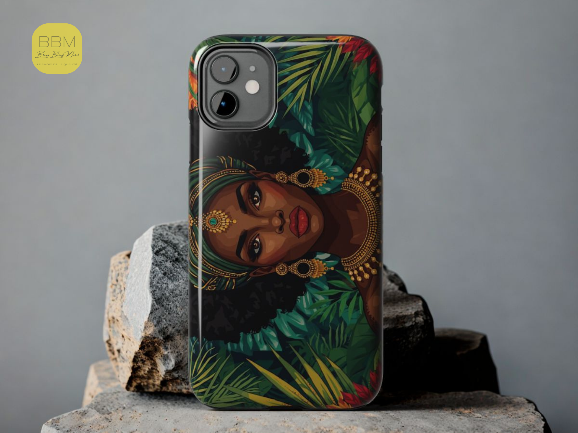 Coque de téléphone imprimée motif personnage femme noire - Coque Samsung iPhone - Coque de protection tropicale - Cadeau pour les amoureux des Caraïbes