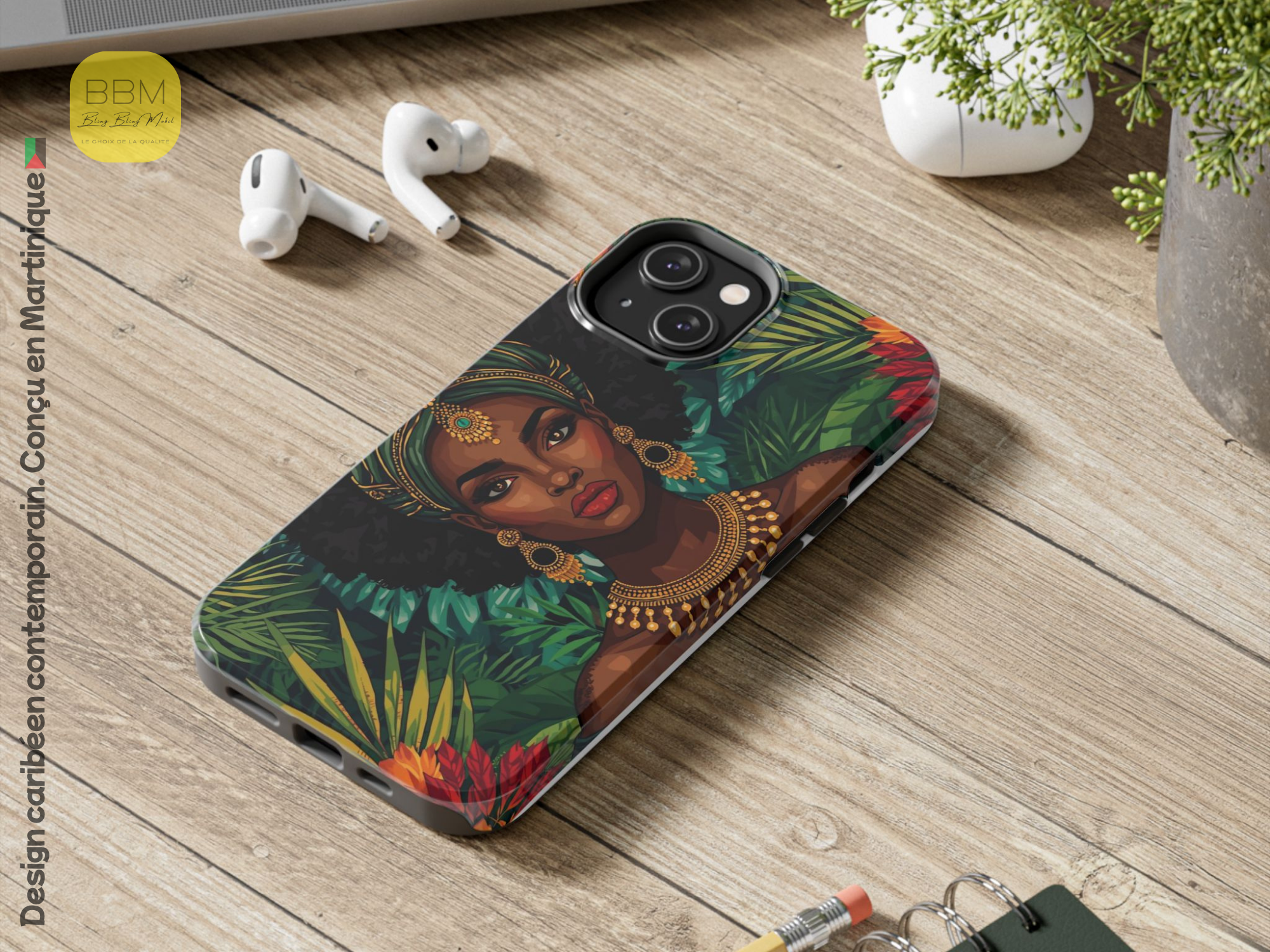 Coque de téléphone imprimée motif personnage femme noire - Coque Samsung iPhone - Coque de protection tropicale - Cadeau pour les amoureux des Caraïbes