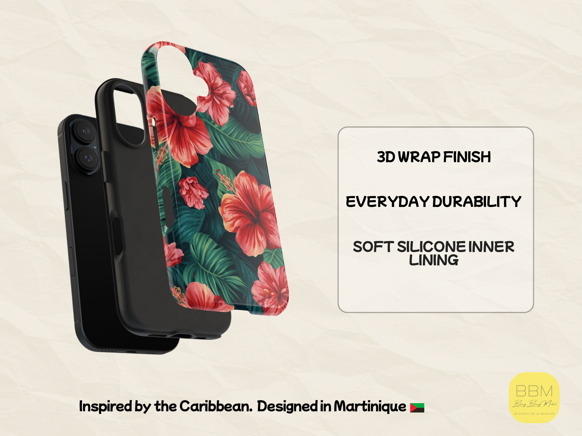 Coque de téléphone fleurie - Coque d’iPhone des Caraïbes - Coque de protection pour île tropicale - Cadeau pour les amoureux des Caraïbes