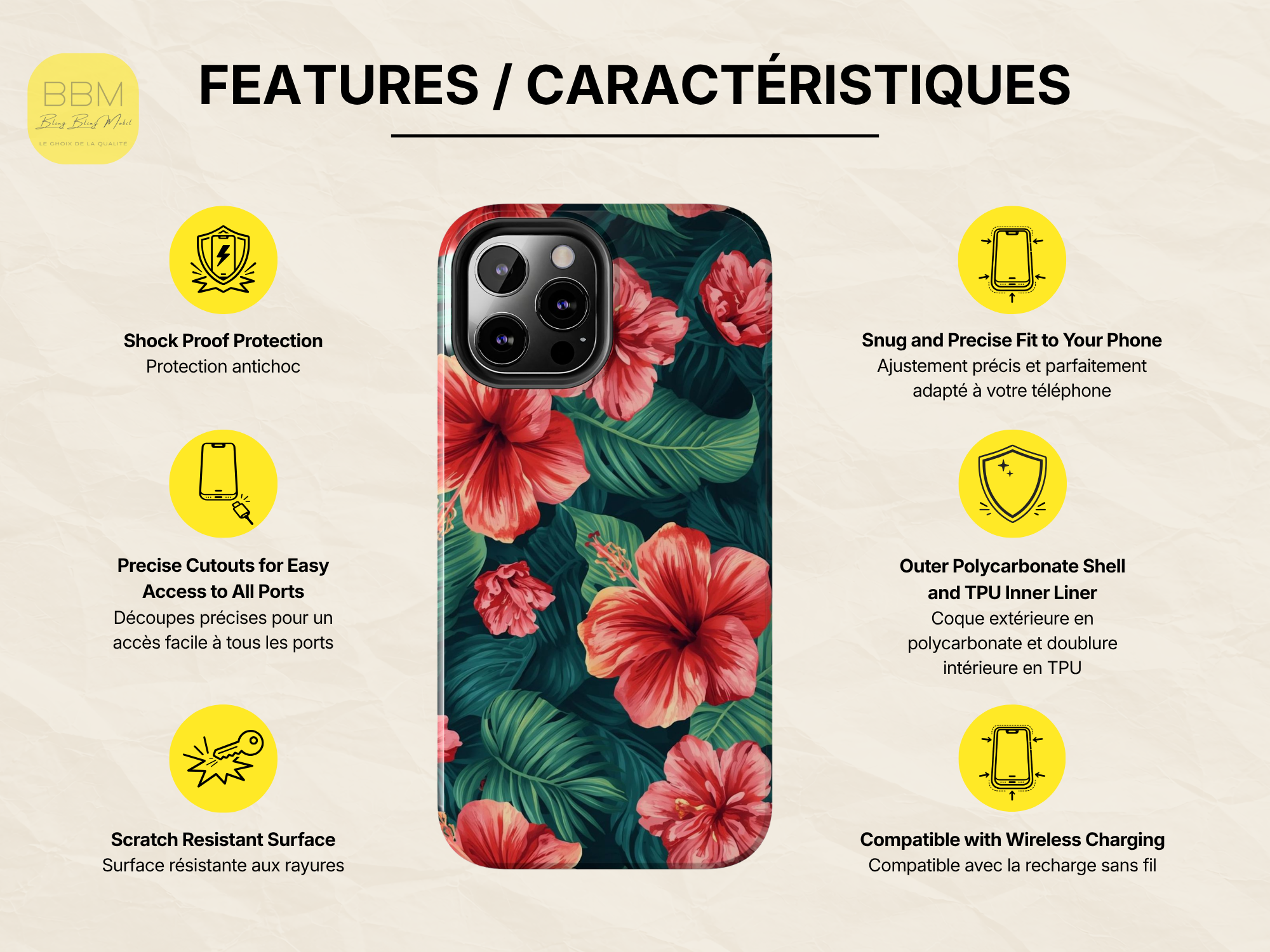 Coque de téléphone fleurie - Coque d’iPhone des Caraïbes - Coque de protection pour île tropicale - Cadeau pour les amoureux des Caraïbes