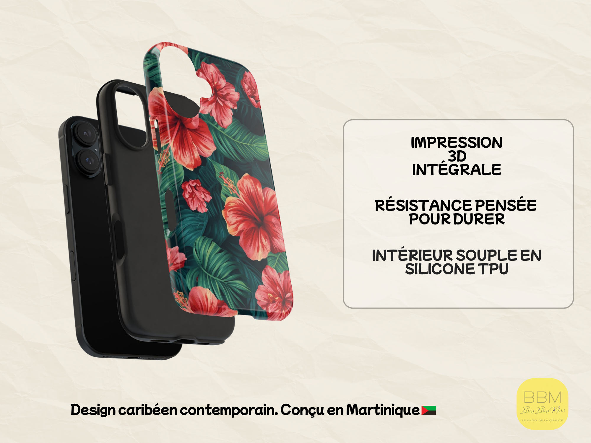Coque de téléphone fleurie - Coque d’iPhone des Caraïbes - Coque de protection pour île tropicale - Cadeau pour les amoureux des Caraïbes