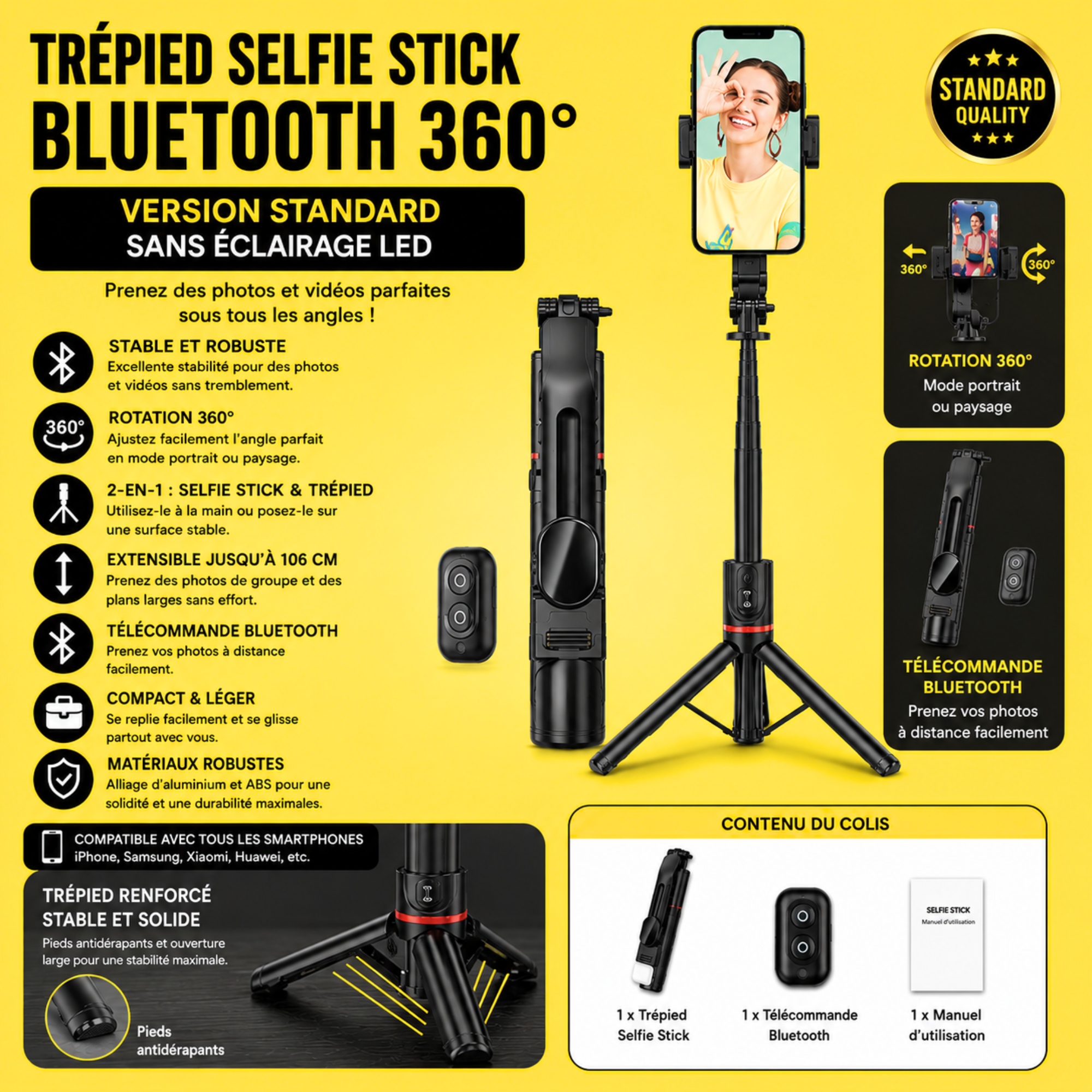 Trépied Bluetooth avec Perche à Selfie Magnétique