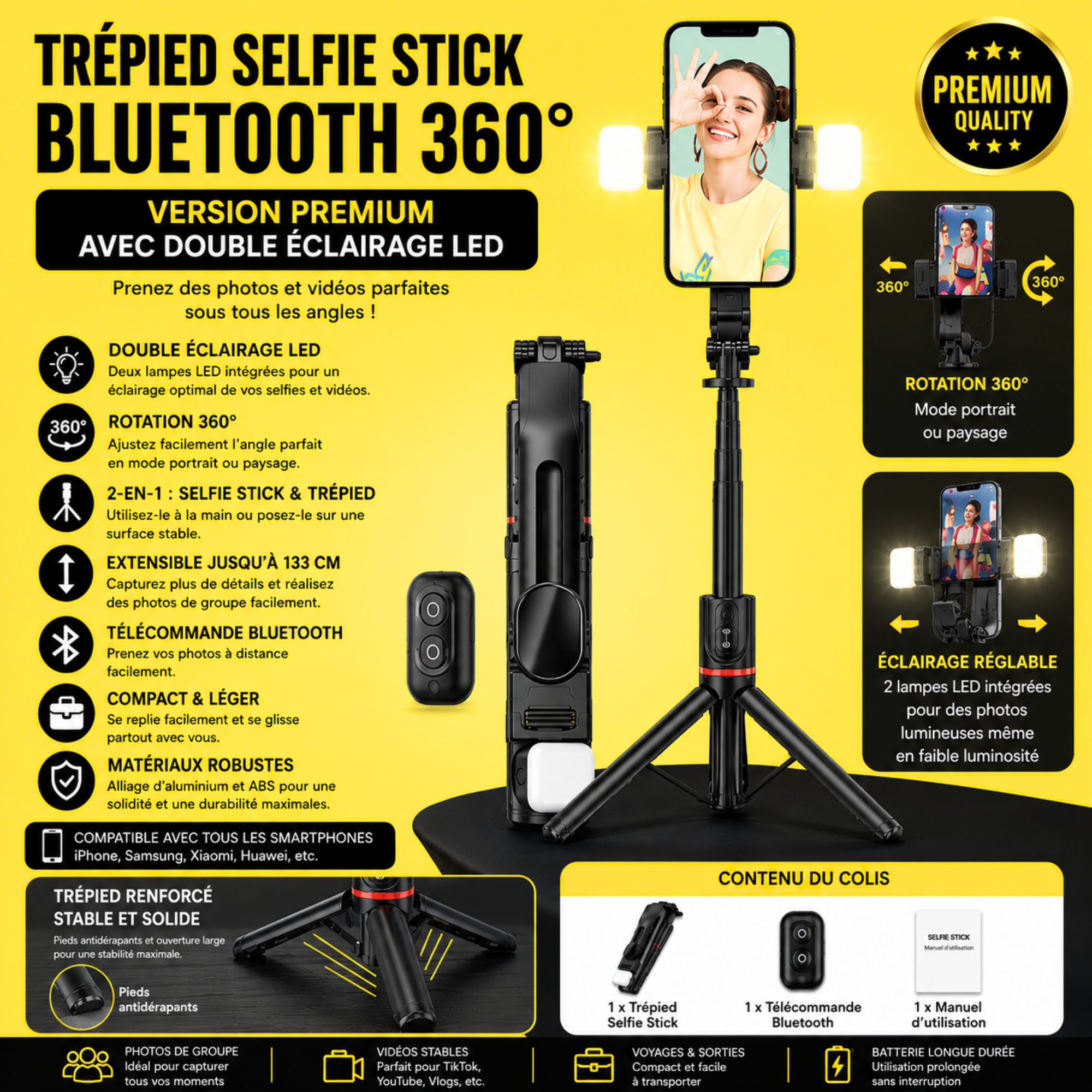 Trépied Bluetooth avec Perche à Selfie Magnétique