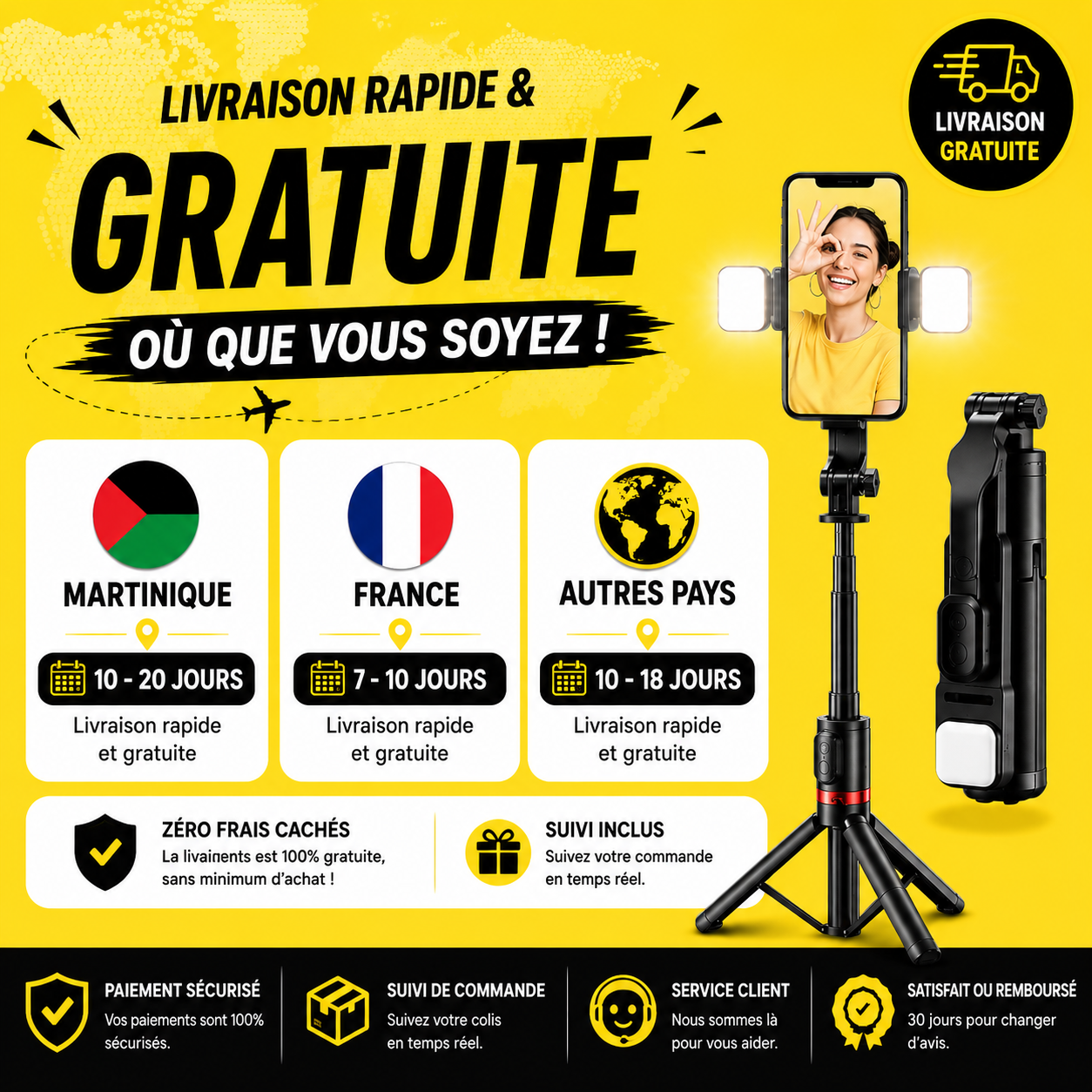 Trépied Bluetooth avec Perche à Selfie Magnétique